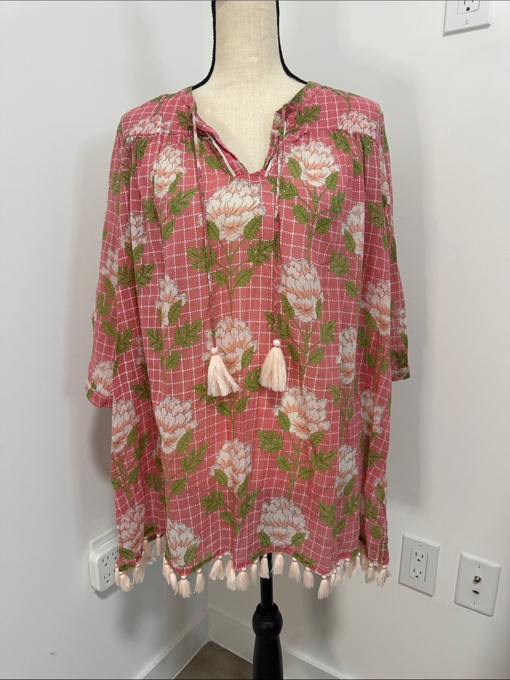 Roller Rabitt Pink and Cream Floral Cotton Dress with Tassels. Sz XS
